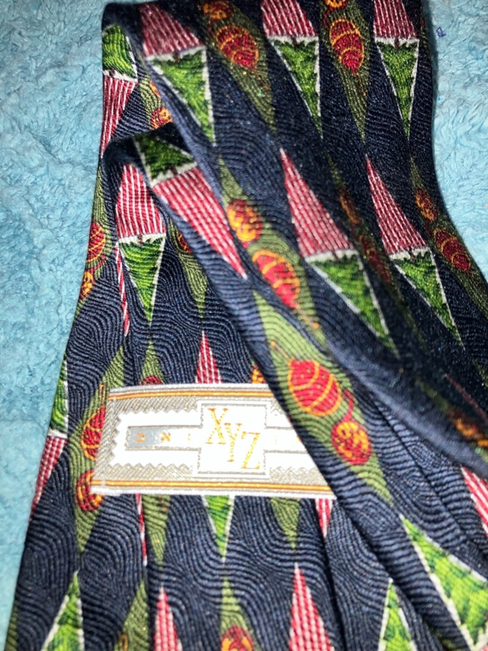 XYZ INC. Navy Silk Tie with Red and Green Holiday Trees & Ornaments Motif Silk - Picture 3 of 3